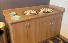 Counter with cabinets and snack plates on top